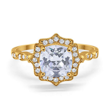 14K Yellow Gold Art Deco Wedding Ring Cushion Cut Simulated Cubic Zirconia